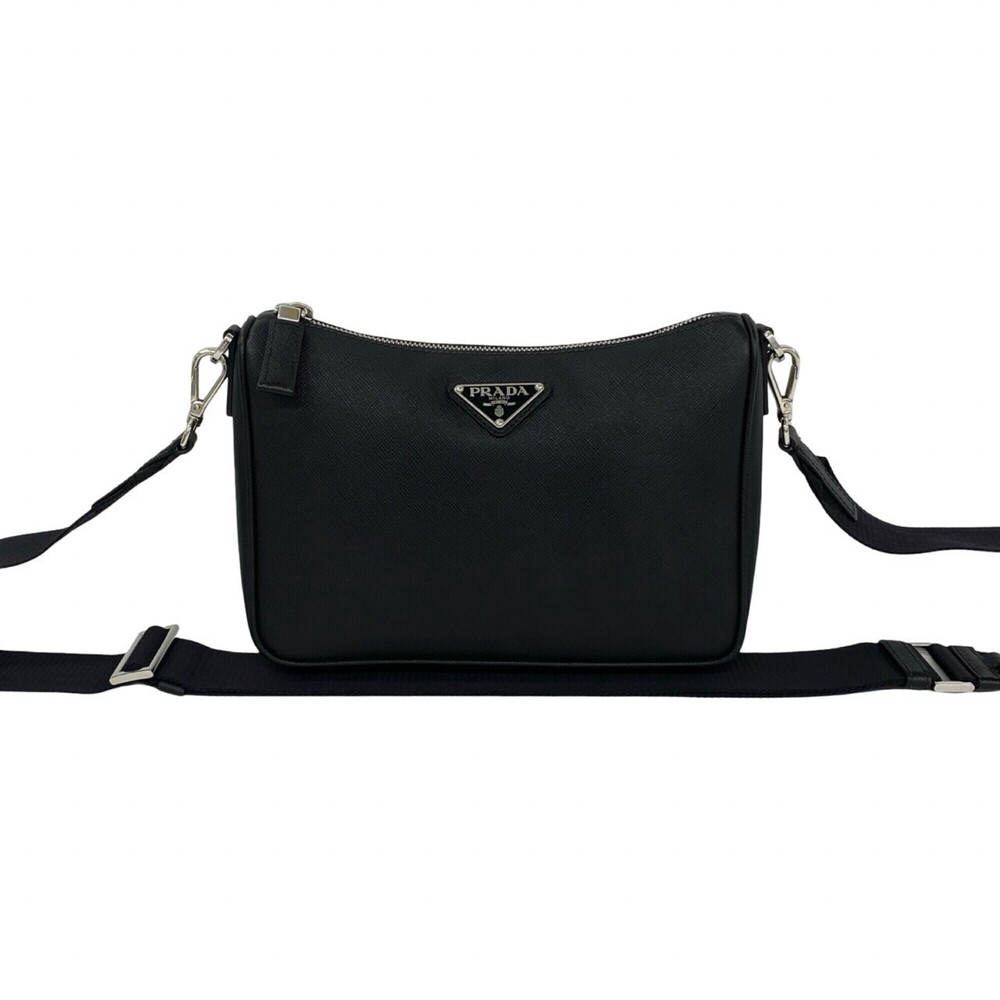 PRADA Triangle Logo Plate Hardware Saffiano Leather Genuine Shoulder Bag Pouc...